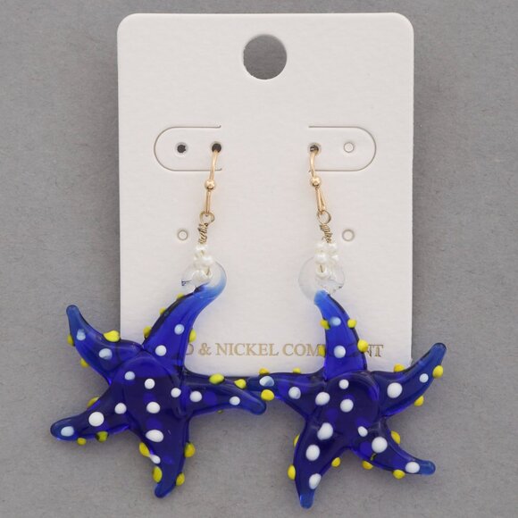 Blue and Gold Starfish Earrings with Unique Texture - Picture 2 of 5